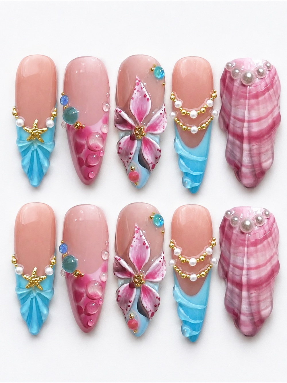 Hand-Painted Floral & Shell Accent Press-On Nails - Pink & Blue